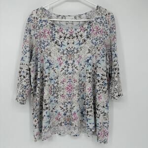 J Jill XL Floral Tunic Top Kimono Dolman 3/4 Sleeve Soft Cotton Cottagecore